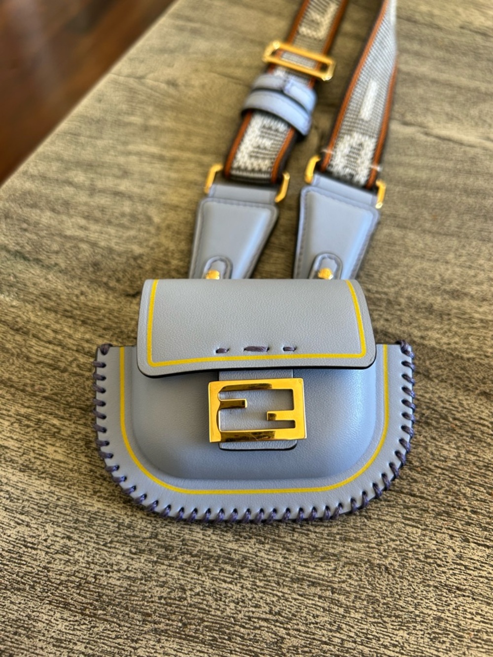 Fendi Pico Baguette Airpods Case Blue Leather Necklace Bag Charm 100% auth